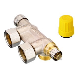 H-ventil dvocijevni Danfoss VHS, kutni, termostatski, za vertikalni aluminijski/vertikalni pločasti/kupaonski radijator, s reduciranim nazuvicama, krom