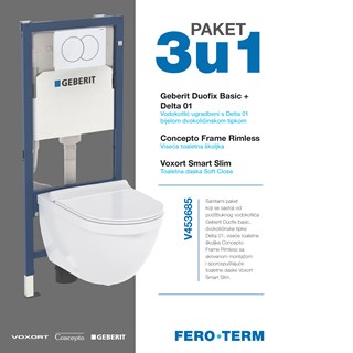 Sanitarni paket Geberit Delta01+Concepto Frame Rimless+Voxort Smart Slim take off
